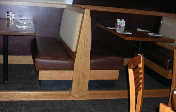 Carmel Cafe oak wood stained with cloth backs and vinyl seats